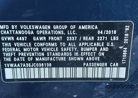 2018 Volkswagen Passat 2.0T R-Line/2.0T S из США, поврежденный, VIN 1VWAA7A35JC036136